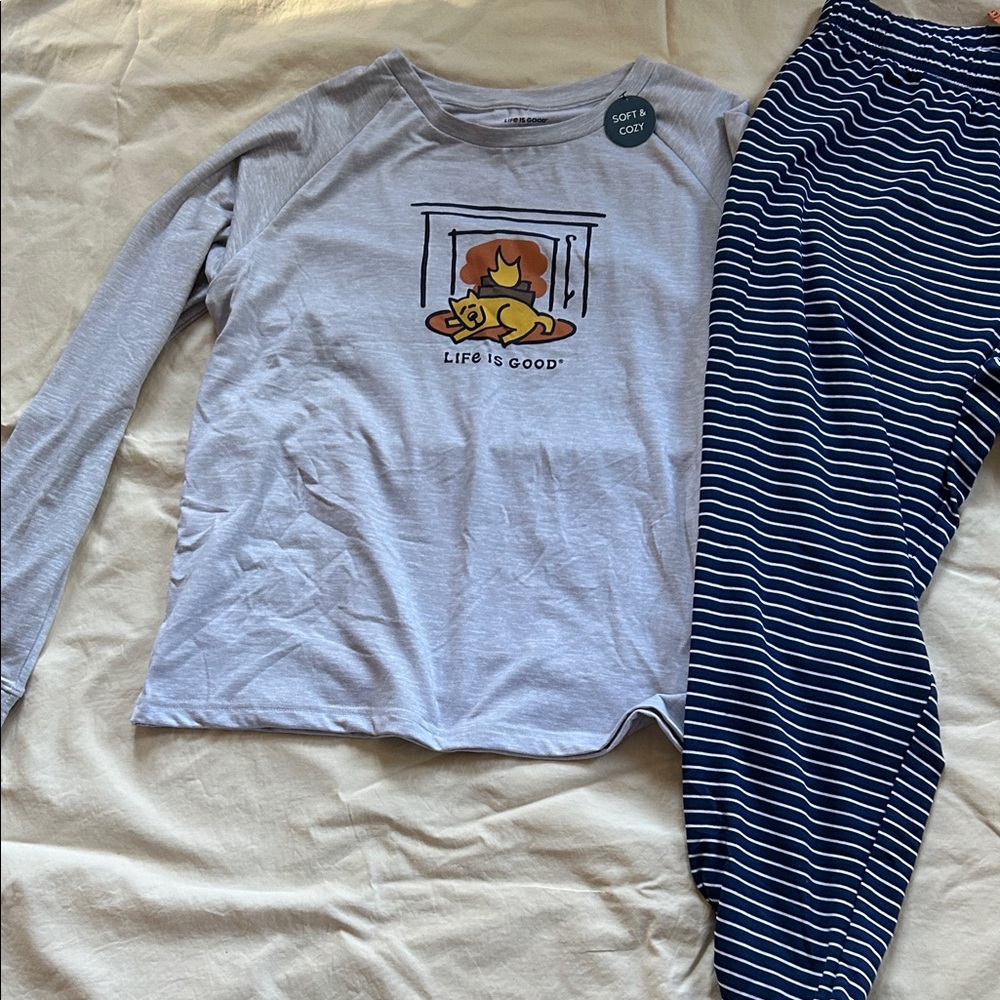 Life Is Good Gray Top with Navy Striped Pajama Pants